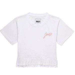 J1MO71 Script Cropped White Ruffled Accent Short Sleeve Tee Size Small